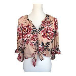 Z&L Made With Love Short Sleeve Floral‎ V Neck Front Tie Cropped Top Sz M